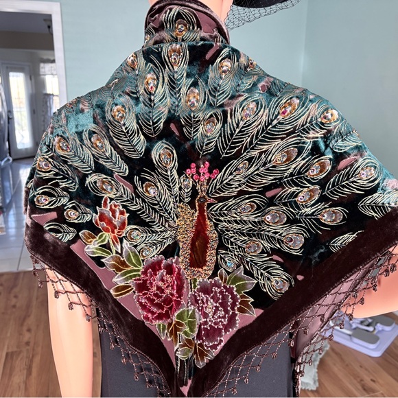 Accessories - Vintage Peacock Velvet Beaded Tango Shawl | Fringe Wrap